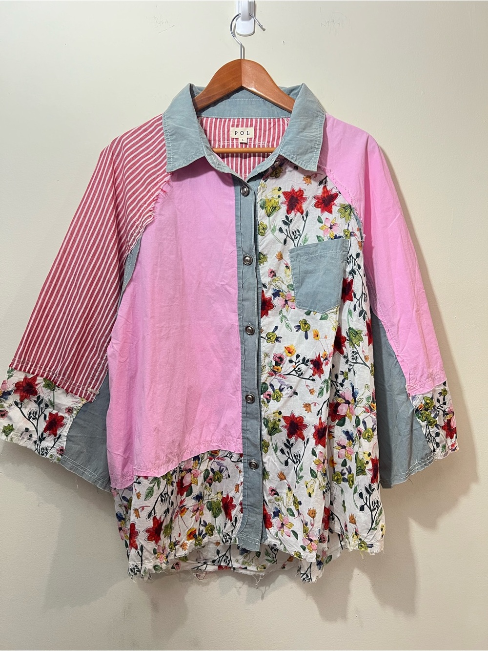 POL Oversized Floral Striped Floral Patchwork Boho Button Front Top Size L NWOT